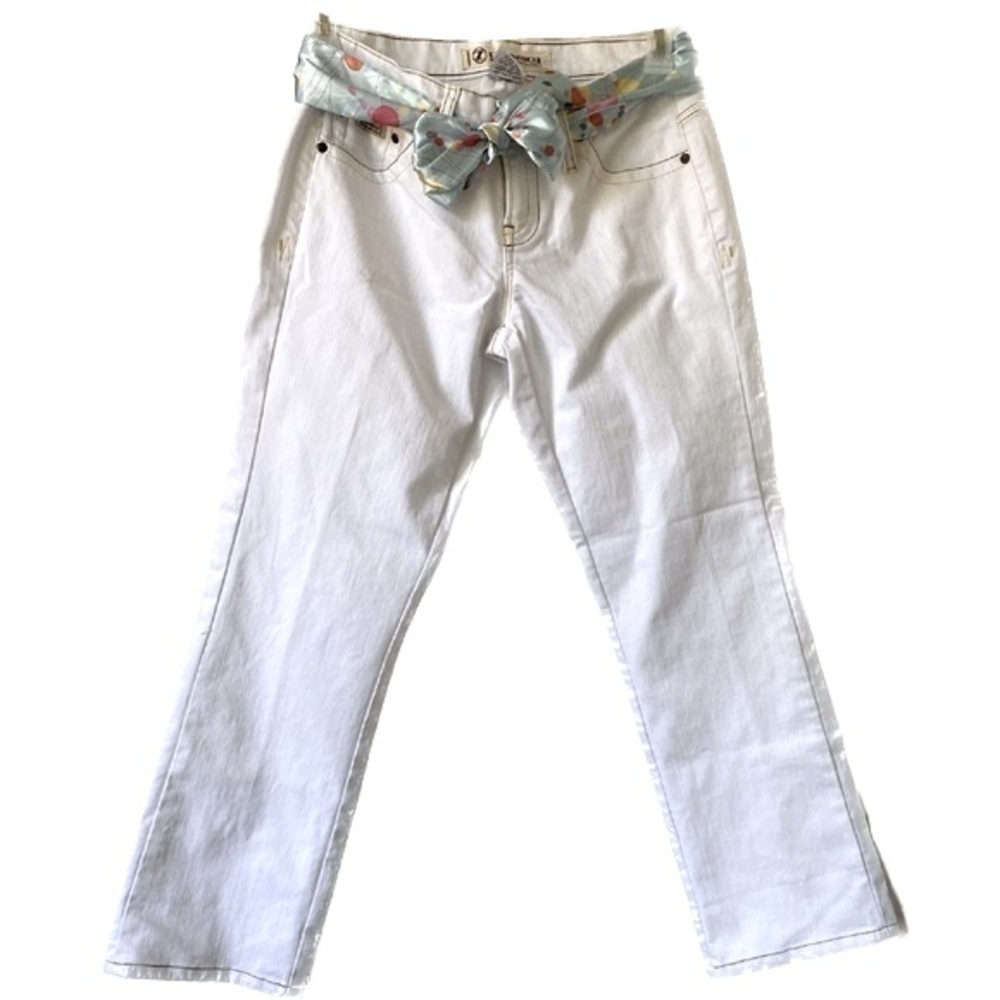 Vintage Z Cavaricci White with Gold Stitching and Blue Satin Sash Jeans Size 7